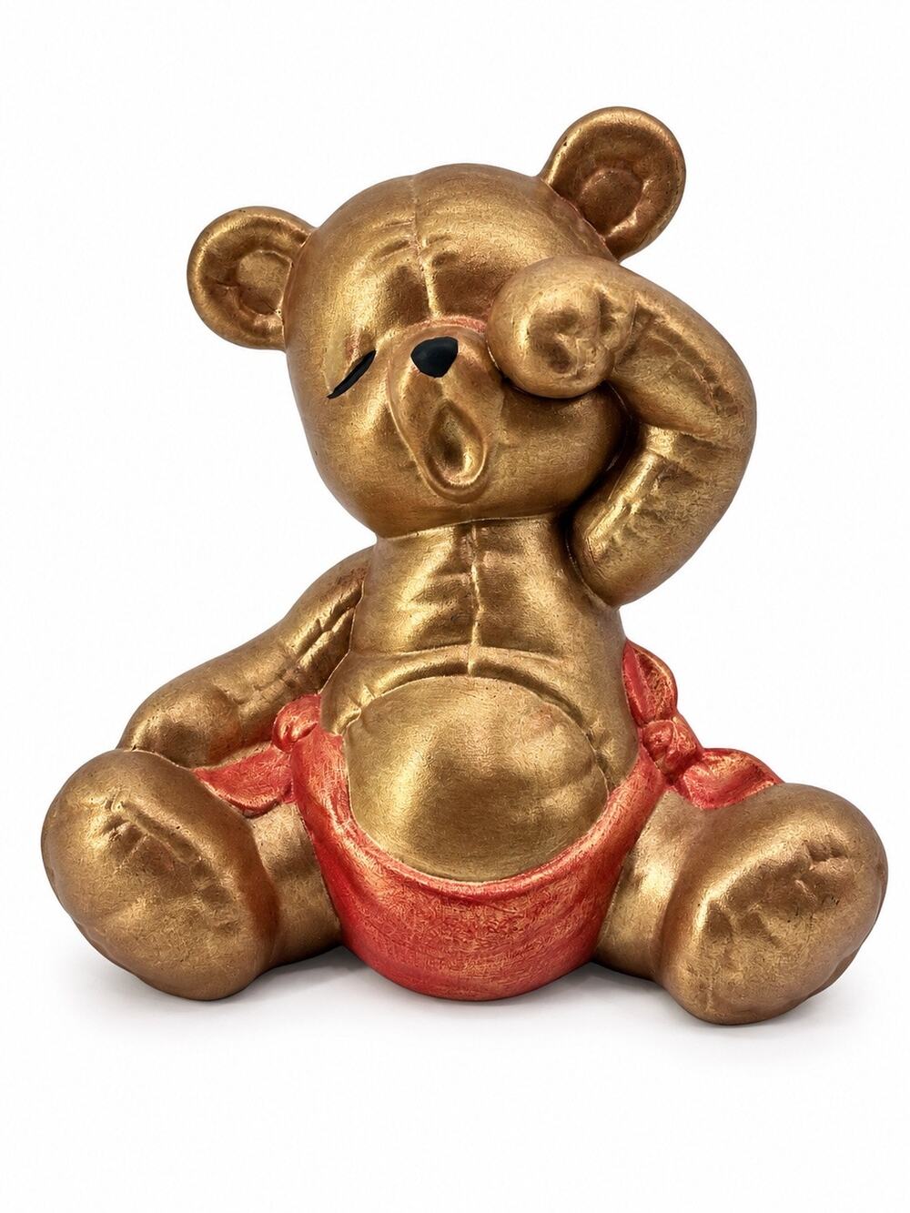 Ceramic Metallic Teddy Bear Vintage Style Gold Figurine Red Shorts Sleepy
